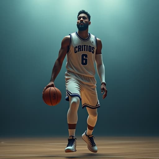  basketball player hyperrealistic, full body, detailed clothing, highly detailed, cinematic lighting, stunningly beautiful, intricate, sharp focus, f/1. 8, 85mm, (centered image composition), (professionally color graded), ((bright soft diffused light)), volumetric fog, trending on instagram, trending on tumblr, HDR 4K, 8K