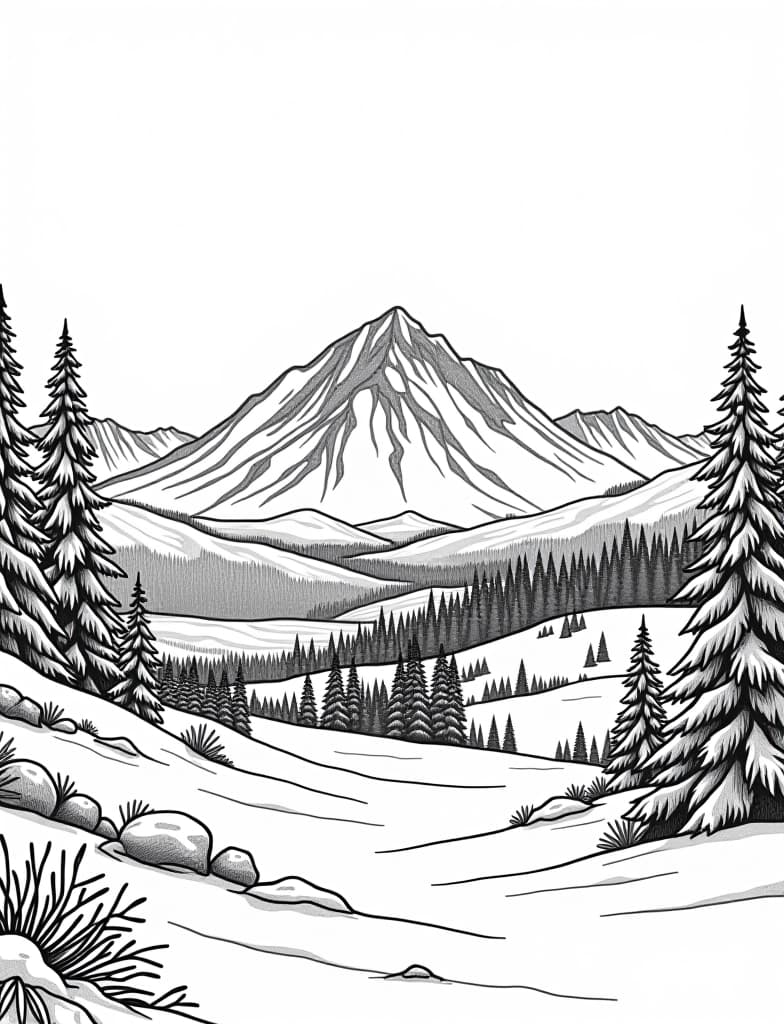  this is for an adult coloring page. a detailed black and white line art of a snowy snowy landscape with a distant view of a mountain range on a solid white background.