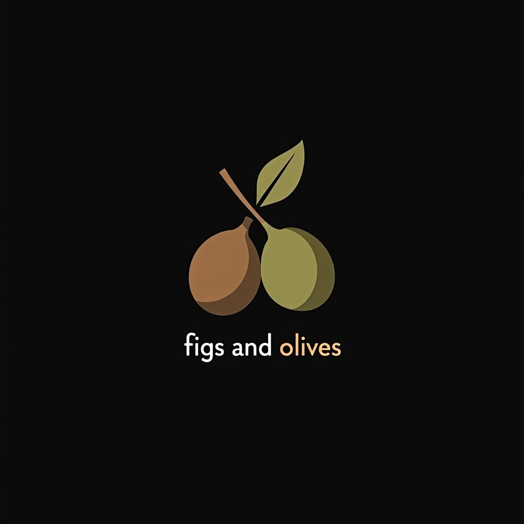  design a logo, fig leaf and olives, black background, with the text 'figs and olives'.