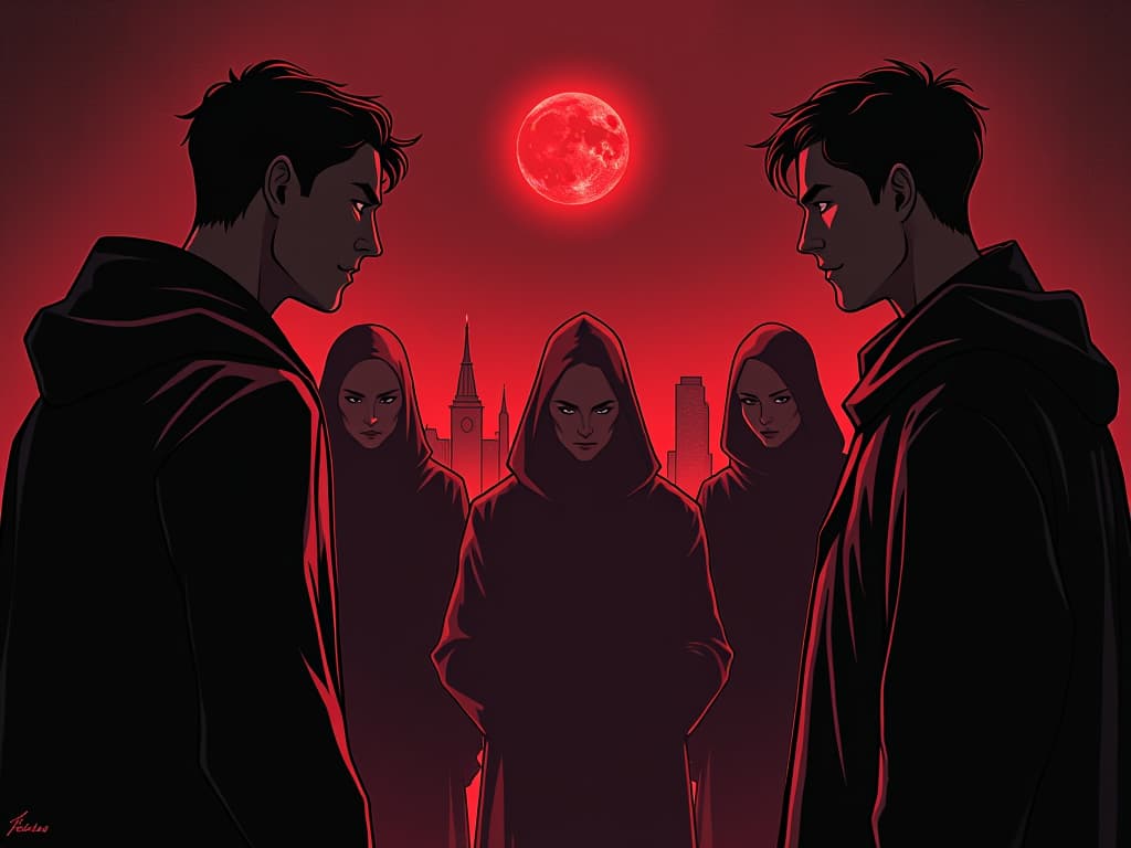  colleague in red facing group, apologetic expression, modern setting, aura of humility and accountability. the style is digital art illustration / modern comic book / graphic dark novel fantasy and mysterious occult, symbolic, moody lighting, esoteric vibe,high detail on character design. for the color scheme emphasize blacks and reds.