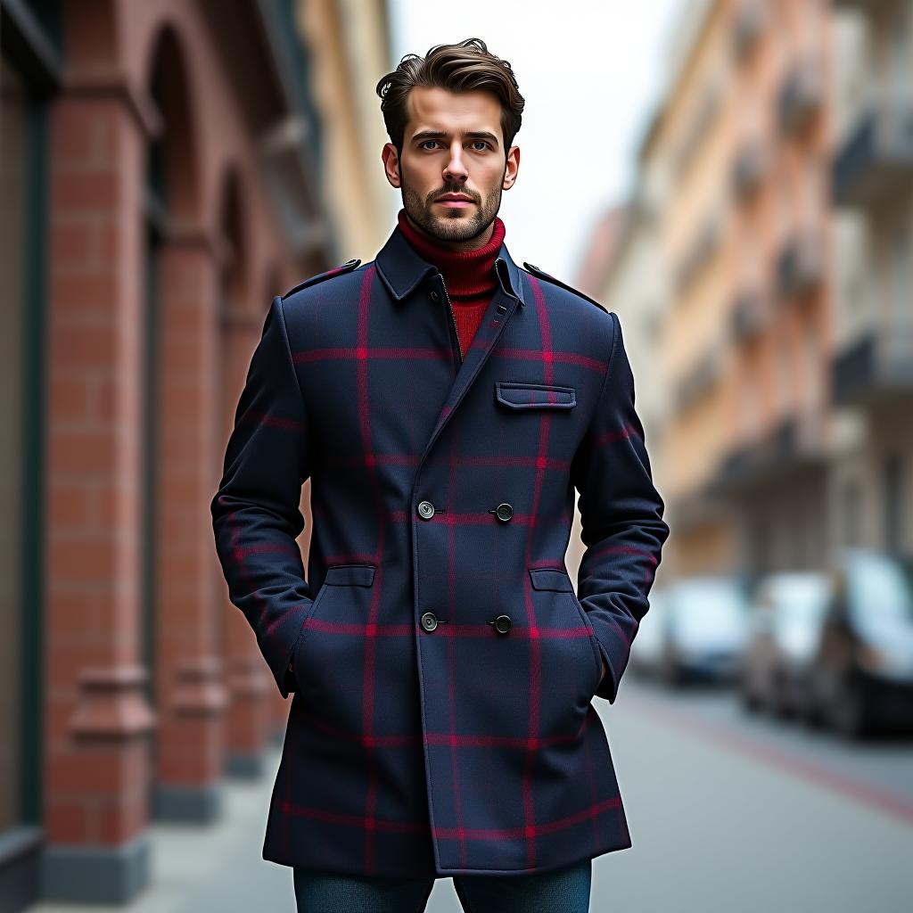  create a highly detailed image of a full body man wearing a tailored fit trench coat, made of a medium weight cotton polyester blend with a smooth finish, in a casual setting. the coat features long sleeves with elbow patches, a straight hem, a stand collar, and a zipper closure. the fabric design is a plaid pattern with colors deep blue (rgb(20,4,246)) and vivid red (rgb(252,3,3)). the coat also includes a patch logo prominently displayed. the man should be standing confidently, perhaps with one hand in his pocket, in an urban scene such as a city street with buildings in the background.