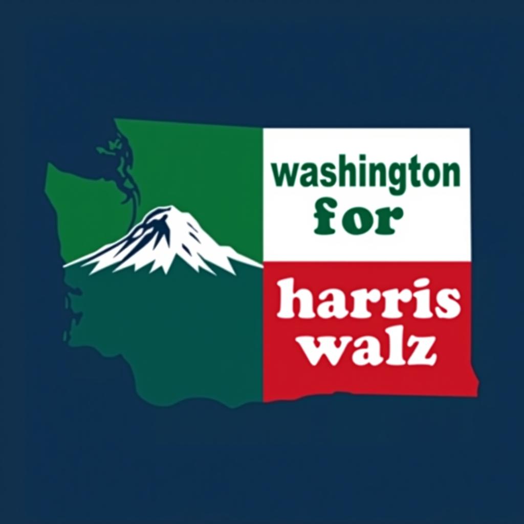  a tshirt design inspired by the washington state flag. the left side features a green vertical stripe with a large mountain in the center. the right side is divided into two horizontal sections: the top section is white with the text 'washington for' in bold, green, uppercase letters, and the bottom section is red with the text 'harris walz' in bold, white, uppercase letters. the overall layout is clean and straightforward, with a clear and patriotic color scheme of blue, white, and red.