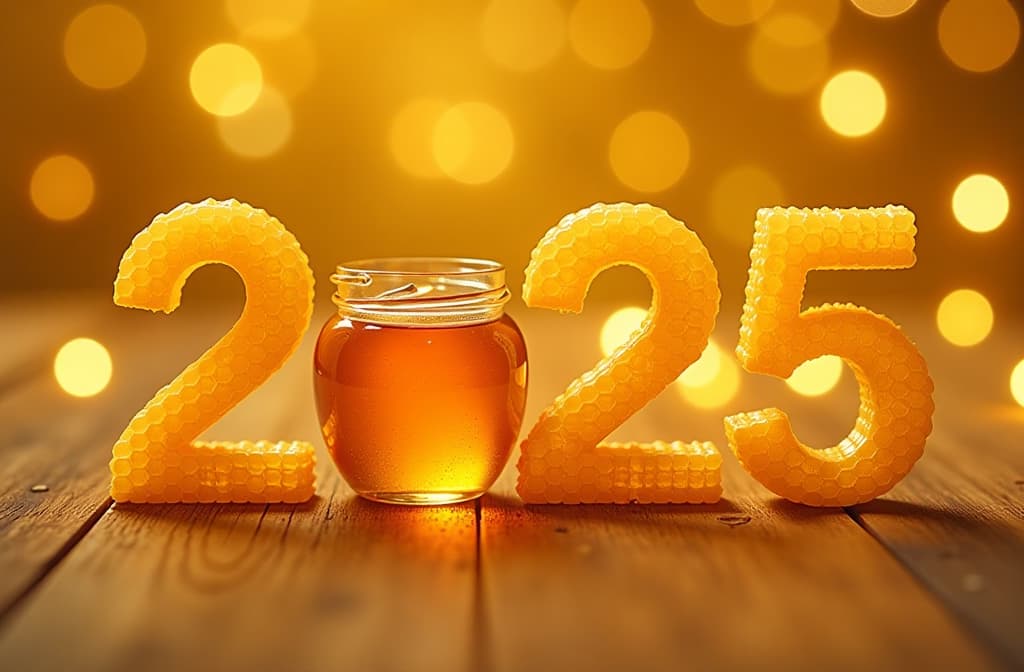  advertising style, stock photo, corporate branding style the number "2025" is made of honeycombs. instead of the number "0" there is a jar of honey. on a golden festive background with lights . professional, clean, modern, product focused, commercial, eye catching, minimalist, business oriented, highly detailed