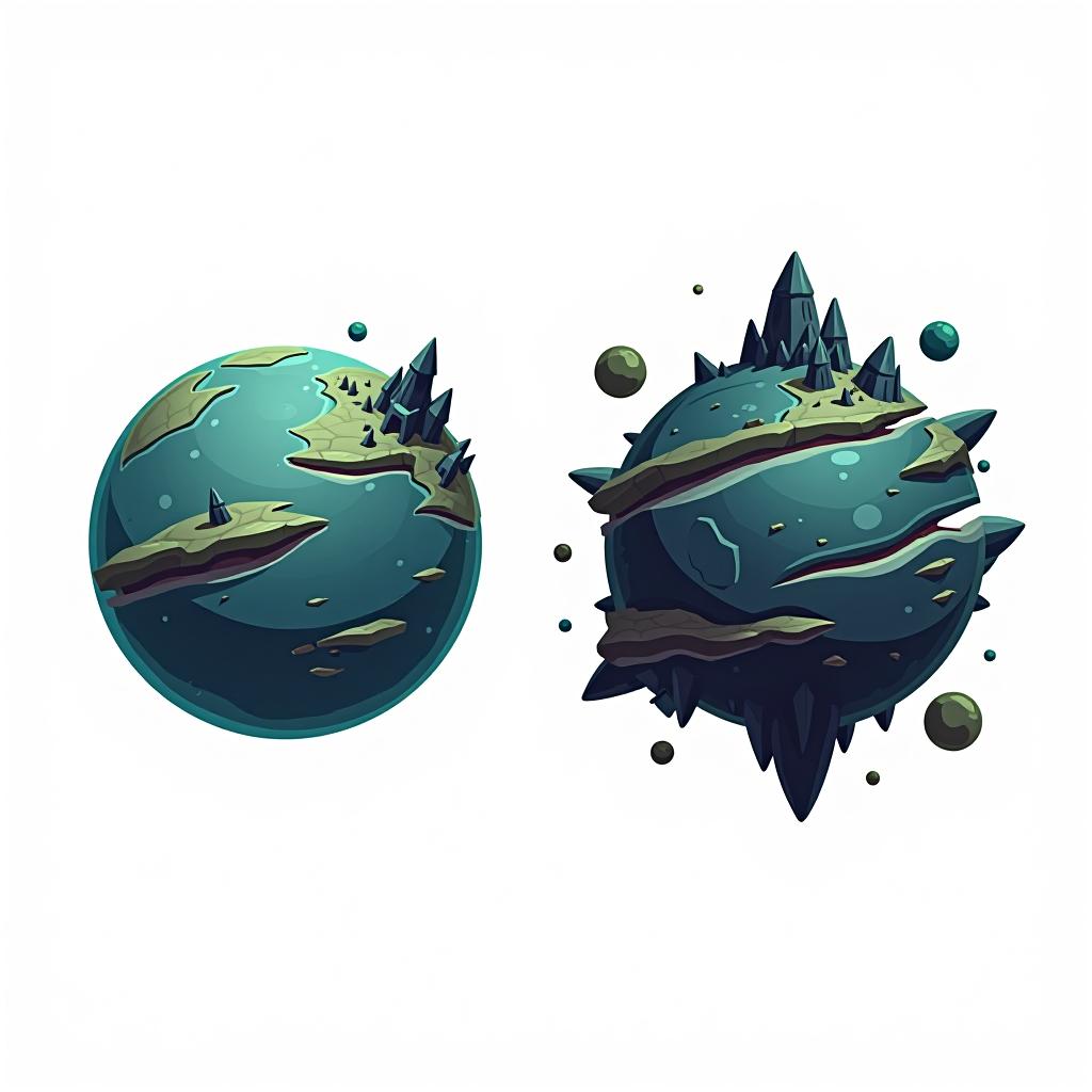  white background. left side: a simple vector graphic showing a hyper realistic alien planet's front view, featuring mysterious structures, bioluminescent patches, and sections of the planet split into floating fragments with glowing edges. right side: back view of the same planet, maintaining high detail and consistency, with the same materials and fantasy elements like glowing areas, unique architectural forms, and floating planetary fragments. both views should depict the same object, with the split elements adding a dynamic, otherworldly feel. cartoon and disney style.