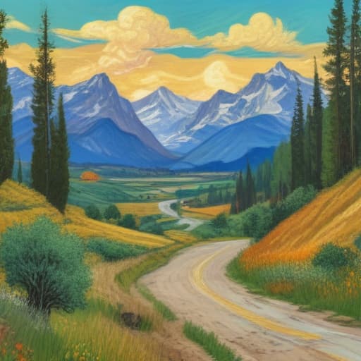 Mountains, trees, field, winding road, GM car in Van Gogh style with Nature background