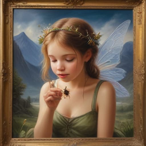 A fairy eating bugs in Oil painting style with Mountains background