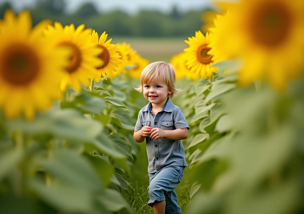  happy little boy walking in field of sunflowers. child playing with big flower and having fun. kid exploring nature. baby having fun. summer activity for inquisitive children, high quality, high details, hd, perfect composition, 4k epic detailed, highly detailed, sharp focus, high resolution