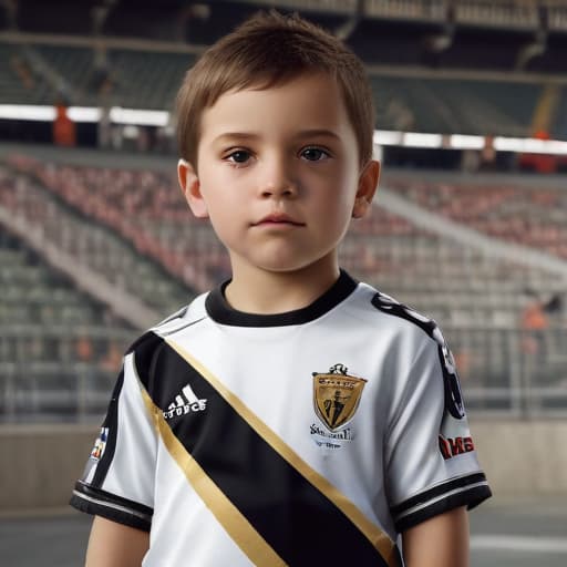 A photo realistic child, in a football stadium, dressed in the Vasco da Gama team shirt.