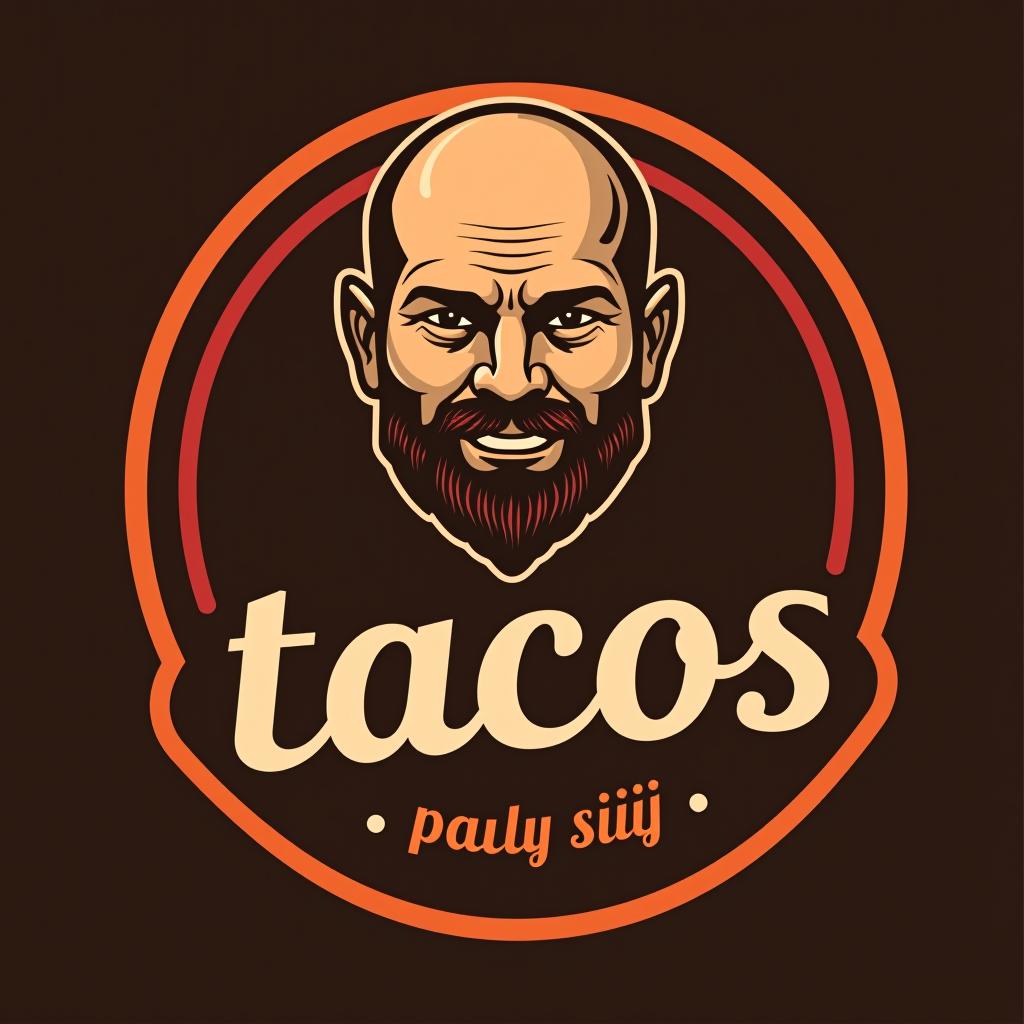  design a logo, bald man , with the text 'tacos pauly siiiii'.