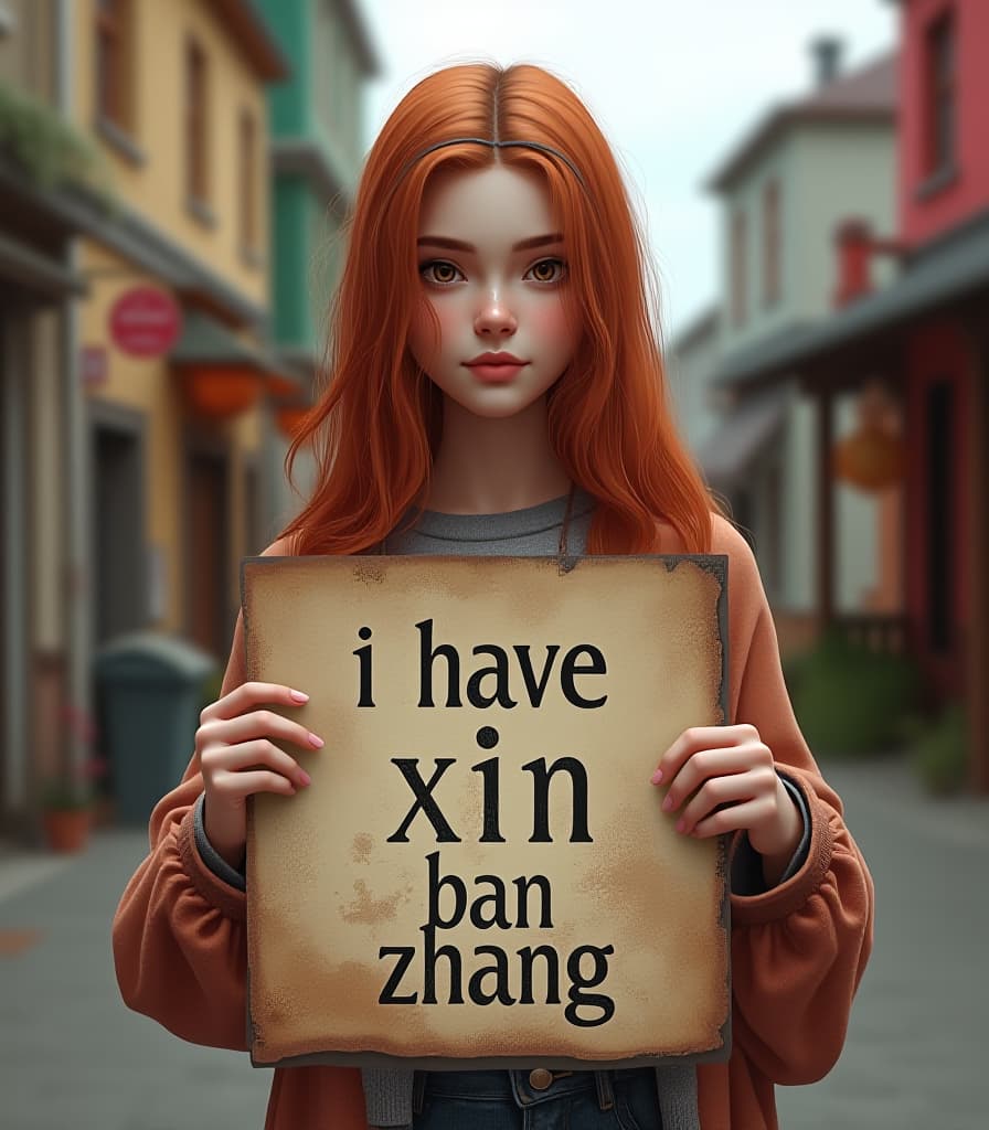  russian town, beautiful girls holding a poster [love sign] (with text “i have xin ban zhang"), red hair, hyper realistic, 4k