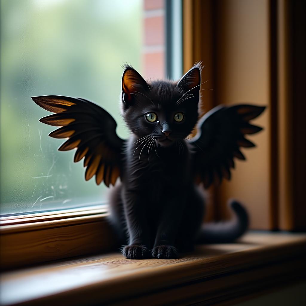  a little black kitten with wings is sitting on the windowsill.