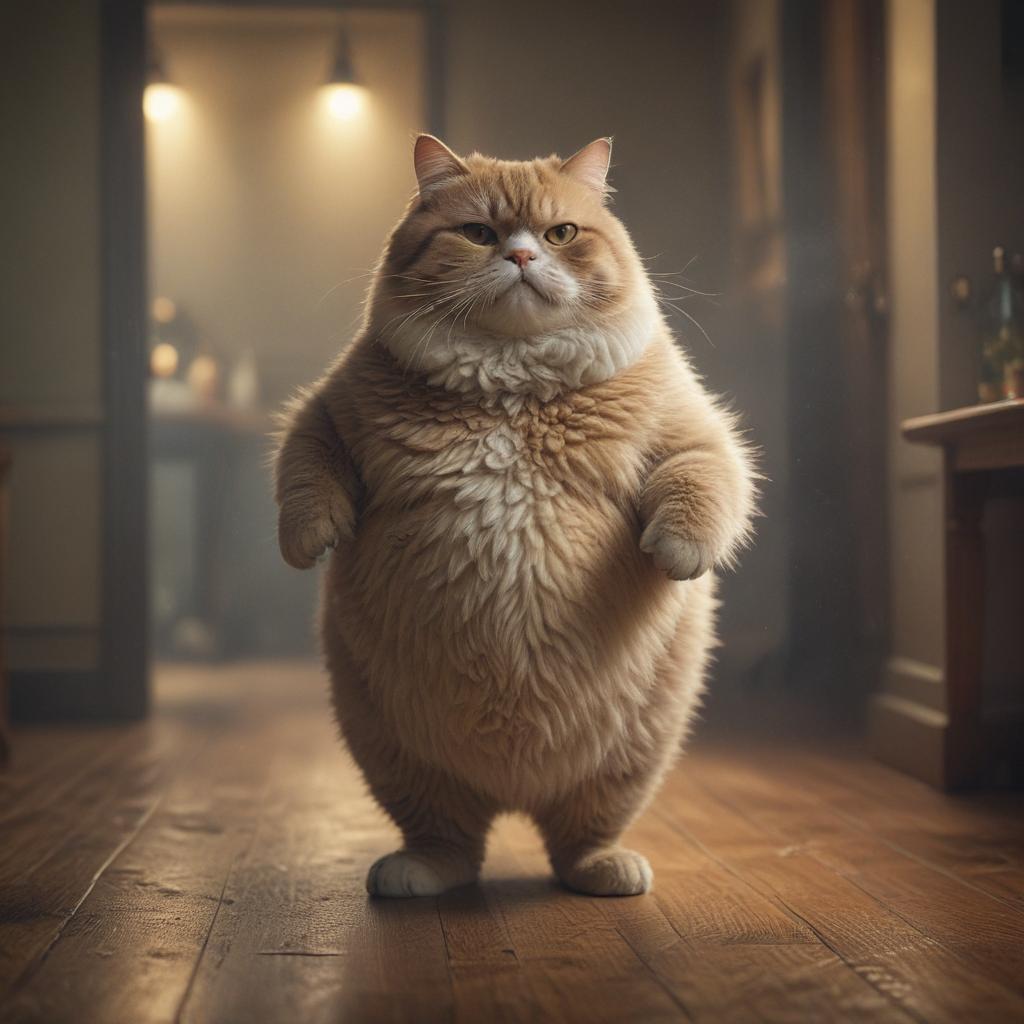 ((masterpiece)),(((best quality))), 8k, high detailed, ultra detailed, A fat cat, anthropomorphic, expressive, exaggerated movements, unhappy hyperrealistic, full body, detailed clothing, highly detailed, cinematic lighting, stunningly beautiful, intricate, sharp focus, f/1. 8, 85mm, (centered image composition), (professionally color graded), ((bright soft diffused light)), volumetric fog, trending on instagram, trending on tumblr, HDR 4K, 8K