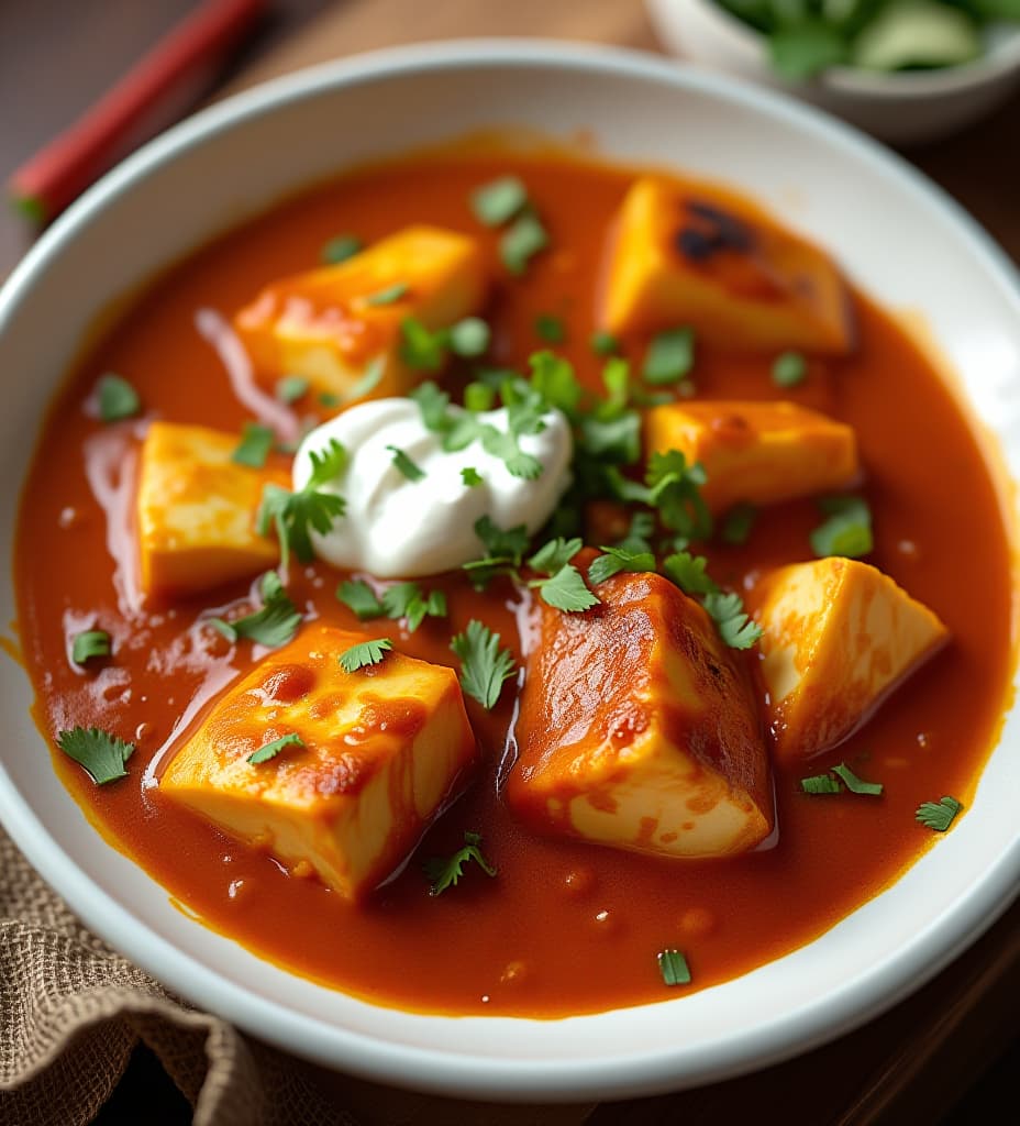  paneer tikka masala dish with no sides. cream on top. served in a white bowl. the image must look natural like what you see on a restaurant menu website or what a restaurant guest might take a picture of. rules to follow: 1. must avoid cartoonish or anime features. 2. be extremely realistic 3. must look like an image you find on a restaurant website menu, high quality, high details, hd, perfect composition, 4k epic detailed, highly detailed, sharp focus, high resolution