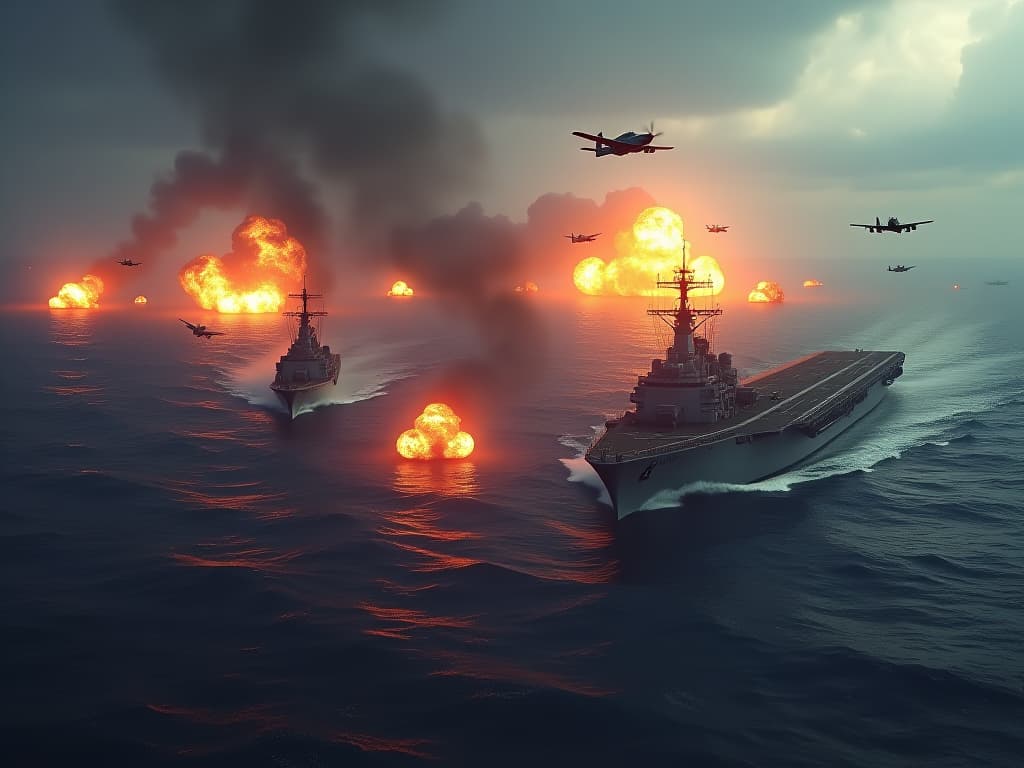  a dramatic scene depicting the battle of the philippine sea during world war ii on june 19, 1944. the image should showcase american aircraft carriers and japanese warships engaged in an intense aerial battle, featuring fighters like the hellcats and japanese planes in a fiery sky. the scene captures the chaos of naval warfare with explosions, smoke, and the clash of technology, set against the backdrop of a vast ocean. hyperrealistic, full body, detailed clothing, highly detailed, cinematic lighting, stunningly beautiful, intricate, sharp focus, f/1. 8, 85mm, (centered image composition), (professionally color graded), ((bright soft diffused light)), volumetric fog, trending on instagram, trending on tumblr, HDR 4K, 8K