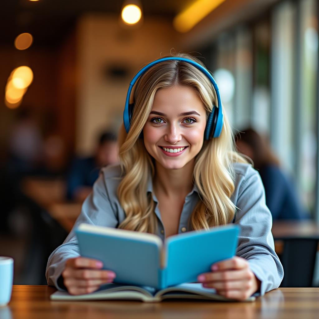  make an image of a blonde woman studying at a cafe with headphones wearing blue