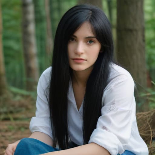 A old , straight black hair, of Ukrainian origin.. sitting showing her in a forest