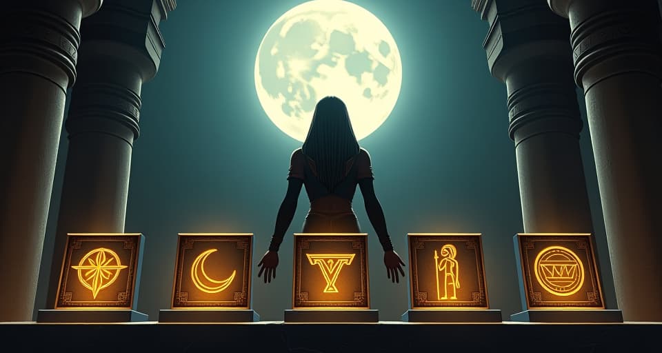  symbols of virtues engraved in gold on a stone altar, each one glowing with a different color under the pale moonlight, highlighting their divine importance for the chosen ones.. the style is digital art illustration / modern comic book / mysterious occult, symbolic, esoteric vibe,high detail on character design, incorporating ancient egyptian symbology and attire.