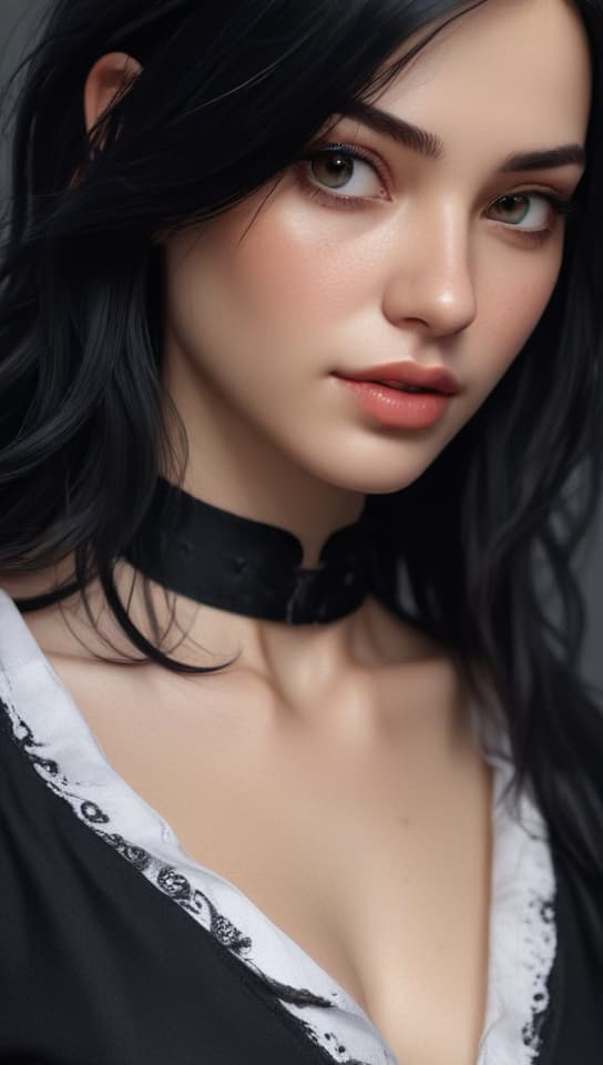 black long hair in and black collar on big ready for , trending on art station, (detailed face), ((upper body)), (front view),(masterpiece:1.4),(photorealistic:1.4),(high resolution),(exquisitely detailed),(beautiful detailed light),(ultra_color),(perfect anatomy),best quality,ultra high definition,(cinematic light),<lora:ClothingAdjuster3:-0.5>