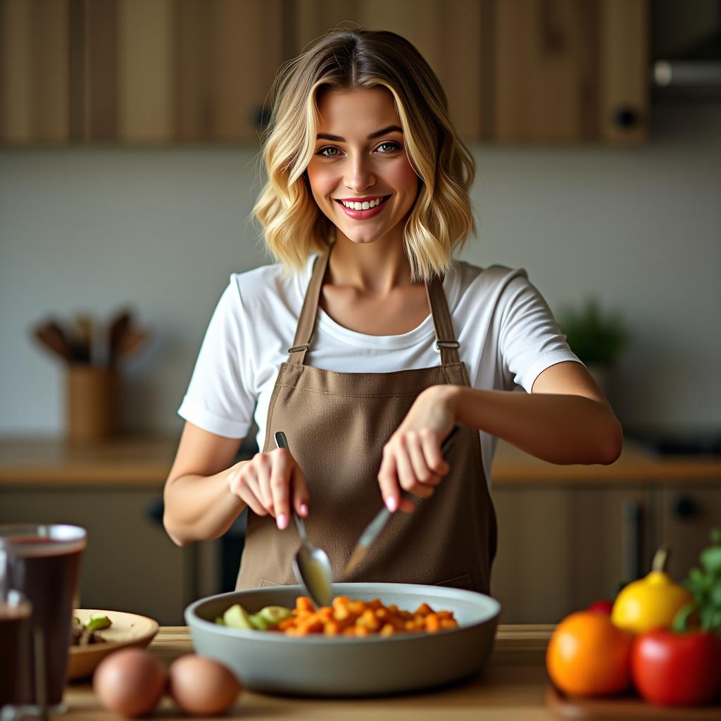  make an image of a bob cut honey blonde woman preparing a meal at home