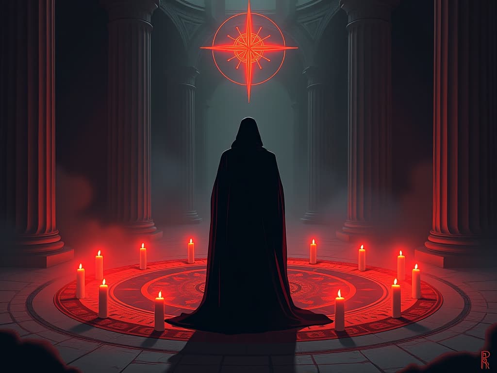  ritual circle with red candles and sacred symbols, focused figure in a robe, faith in destiny. the style is digital art illustration / modern comic book / graphic dark novel fantasy and mysterious occult, symbolic, moody lighting, esoteric vibe,high detail on character design. for the color scheme emphasize blacks and reds.