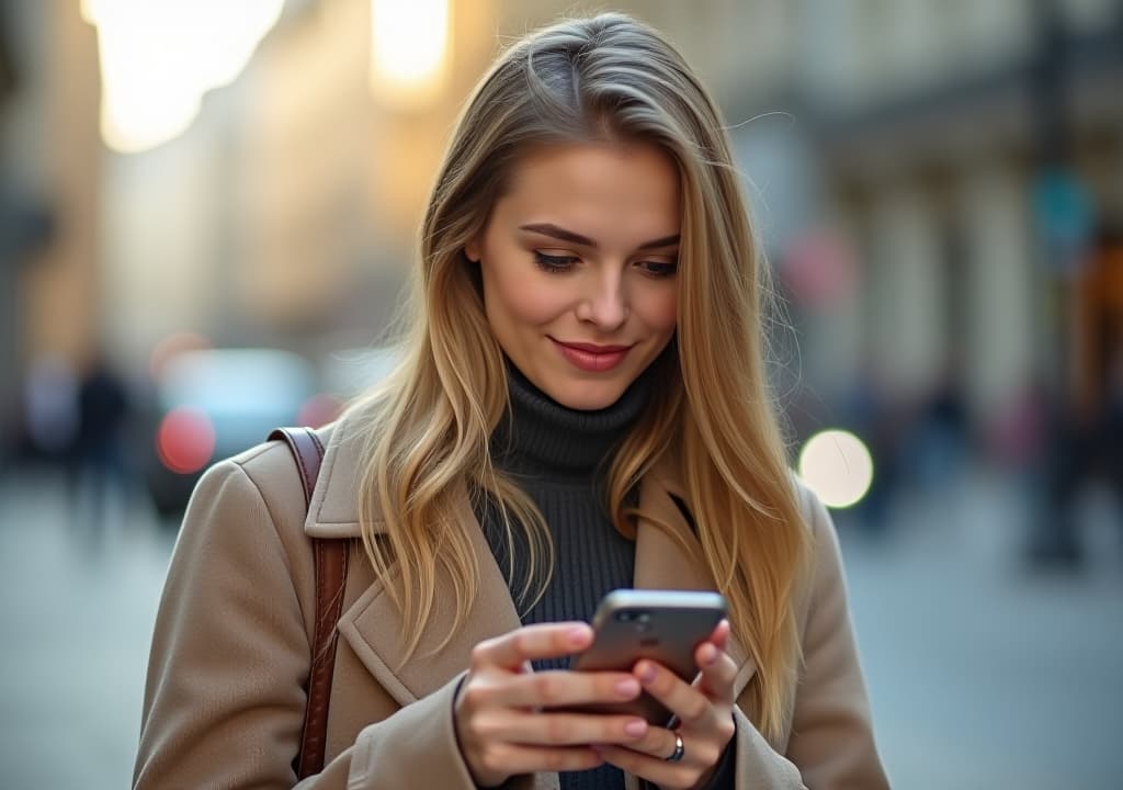  outdoor portrait of a beautiful urban young caucasian woman looking at her mobile phone