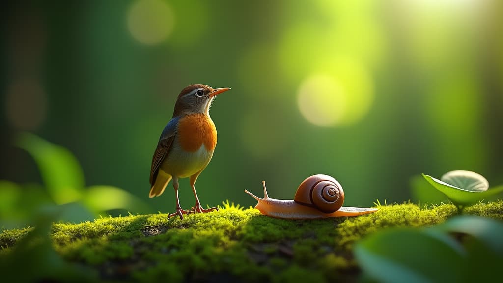  a thrush standing elegantly on moss with a snail in a lush green forest setting, high quality, high details, hd, perfect composition, 4k epic detailed, highly detailed, sharp focus, high resolution