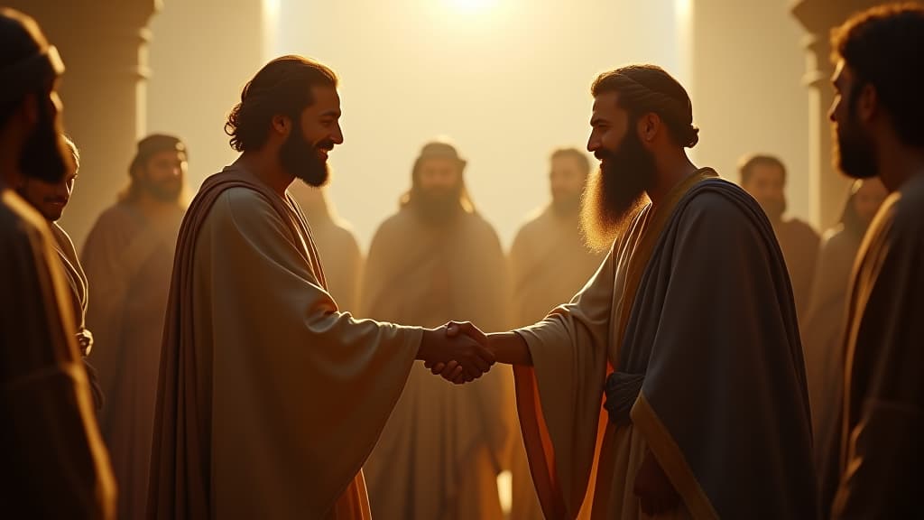  history of biblical times, a symbolic pact being formed, with isaac and abimelech shaking hands, surrounded by witnesses. hyperrealistic, full body, detailed clothing, highly detailed, cinematic lighting, stunningly beautiful, intricate, sharp focus, f/1. 8, 85mm, (centered image composition), (professionally color graded), ((bright soft diffused light)), volumetric fog, trending on instagram, trending on tumblr, HDR 4K, 8K