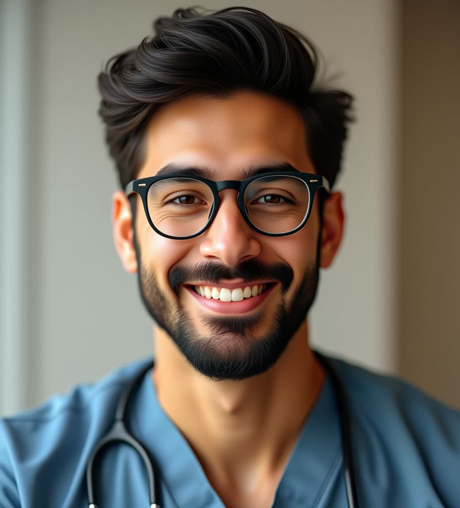  medical student beige warm skin tone beautiful smile smile lines and eye lines beard black and black hair black ryes glasses dreamy eyes nice guy and smart