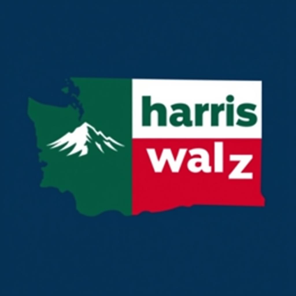  a design inspired by the washington state flag. the left side features a green vertical stripe with mt. rainer in the center. the right side is divided into two horizontal sections: the top section is white with the text 'washington for' in bold, green, uppercase letters, and the bottom section is red with the text 'harris walz' in bold, white, uppercase letters. the overall layout is clean and straightforward, with a clear and patriotic color scheme of blue, white, and red.