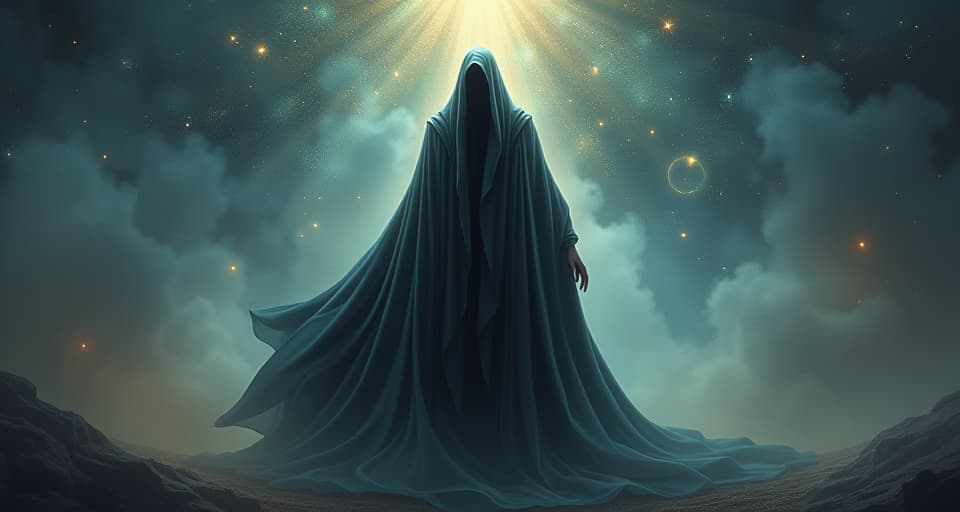  an ethereal figure cloaked in dark, flowing robes, standing amidst a landscape of bright celestial lights, embodying the dichotomy of truth and deception.. the style is digital art illustration,highly detailed, whimsical,magical, dreamlike atmosphere, realism and fantasy blend, smooth, glossy textures,luminous quality, wonder and enchantment.