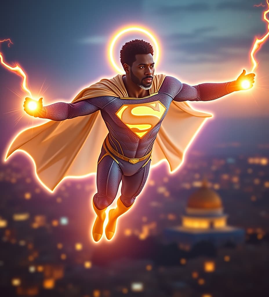  african superman king priest, flying over the dome of the rock in jerusalem, his cape is radiant iridescent gold electric blue magenta iridescent translucent gold mli foil, transparent iridescent lightsail cape. full body aurora aura with ethereal halo around head. his holographic suit is shiny and reflective with iridescent aurora flashing ultraviolet infrared. white and golden glowing iridescent, gold. golden shining energy gold armor. iridescent glowing illuminated gold "s" on chest, kamehameha plasma power sphere iridescent flashing solar fireballs glowing from his lightning fists. glowing iridescent lightning shooting out radiating from his eyes, short curly temple fade black hair on head, white platinum goatee beard.