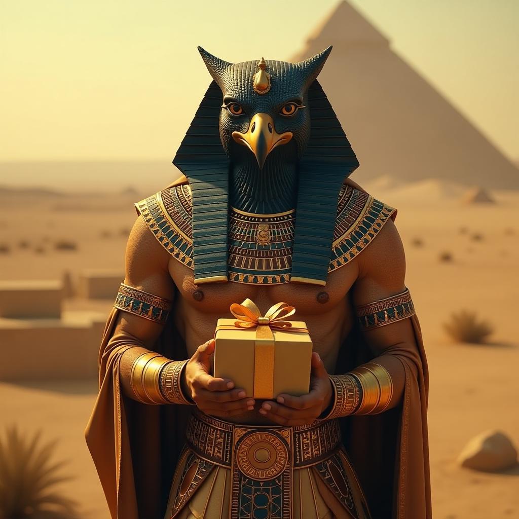  egyptian god horus with a falcon head holds a gift box in his hands, egyptian landscape in the background, art style, beautiful lighting effects, intricate details, epic, cinematic hyperrealistic, full body, detailed clothing, highly detailed, cinematic lighting, stunningly beautiful, intricate, sharp focus, f/1. 8, 85mm, (centered image composition), (professionally color graded), ((bright soft diffused light)), volumetric fog, trending on instagram, trending on tumblr, HDR 4K, 8K