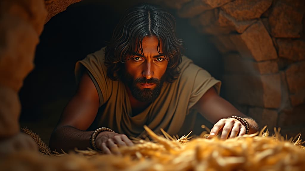  history of biblical times, gideon hiding in a winepress, threshing wheat, full of determination yet fear as he tries to protect his food. hyperrealistic, full body, detailed clothing, highly detailed, cinematic lighting, stunningly beautiful, intricate, sharp focus, f/1. 8, 85mm, (centered image composition), (professionally color graded), ((bright soft diffused light)), volumetric fog, trending on instagram, trending on tumblr, HDR 4K, 8K