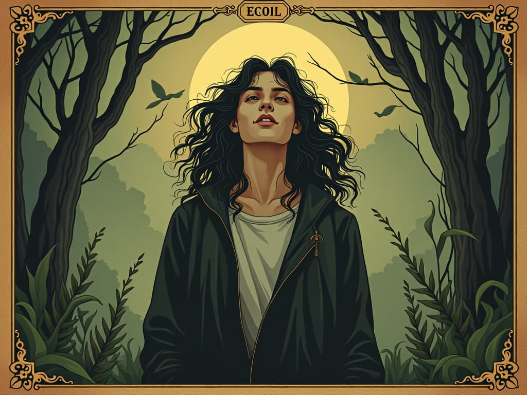  person in harmonious surroundings, content expression, gentle light, serene backdrop, sense of belonging, inner tranquility, purpose, fulfillment. an illustration in the style of a worn, mystical old tarot trump card, mysterious and elements of surrealism. the colors are muted, somber and eerie, but with contrast bring out an occult and esoteric vibe.