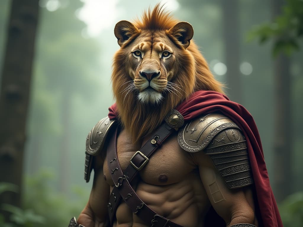  a muscular warrior lion wearing armor, photorealistic more realistic, forest in background hyperrealistic, full body, detailed clothing, highly detailed, cinematic lighting, stunningly beautiful, intricate, sharp focus, f/1. 8, 85mm, (centered image composition), (professionally color graded), ((bright soft diffused light)), volumetric fog, trending on instagram, trending on tumblr, HDR 4K, 8K