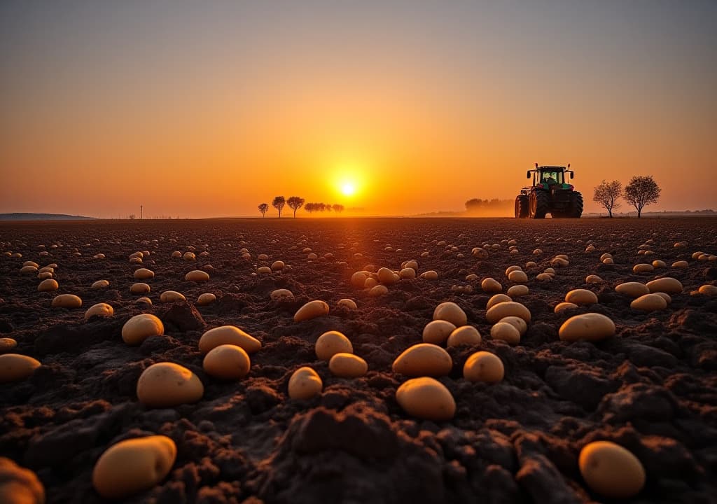  a beautiful sunrise over a potato field with freshly harvested potatoes scattered on rich soil and a tractor in the background.