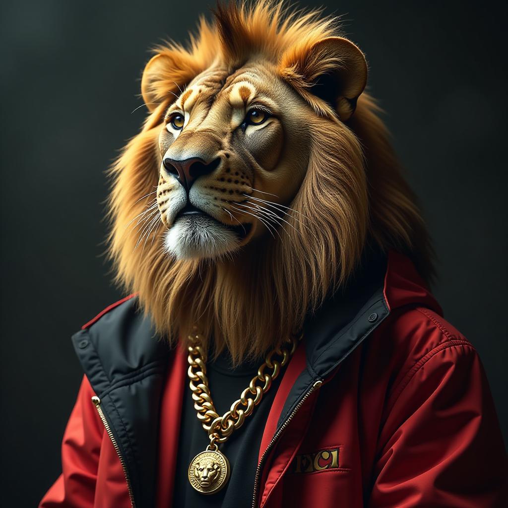  a lion as a rapper, wearing chains of gold hyperrealistic, full body, detailed clothing, highly detailed, cinematic lighting, stunningly beautiful, intricate, sharp focus, f/1. 8, 85mm, (centered image composition), (professionally color graded), ((bright soft diffused light)), volumetric fog, trending on instagram, trending on tumblr, HDR 4K, 8K