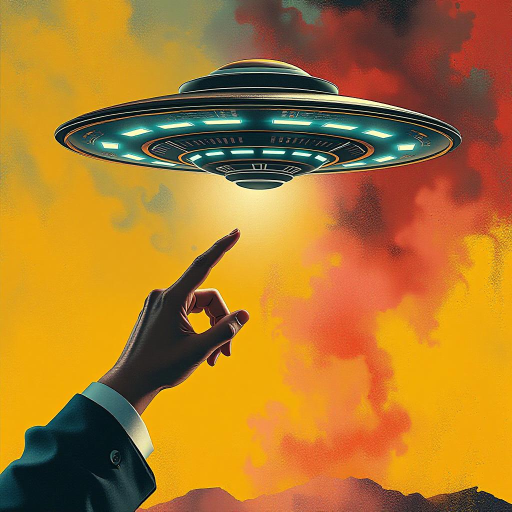  male hand pointing at ufo against yellow background. science of cosmos. contemporary art collage. concept of y2k style, creativity, surrealism, abstract art, imagination. colorful design, high quality, high details, hd, perfect composition, 4k epic detailed, highly detailed, sharp focus, high resolution