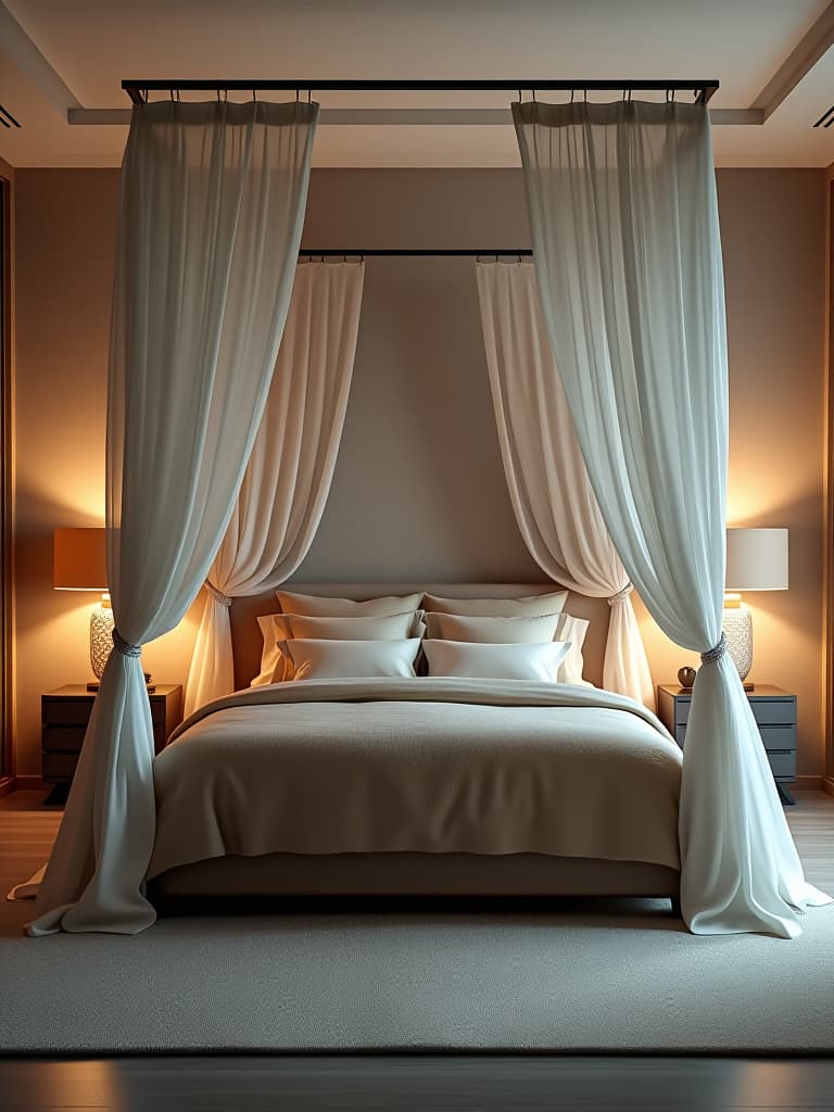  high quality portrait photo of a luxurious modern bedroom with a canopy bed featuring sheer curtains, complemented by sleek bedside tables and a plush area rug hyperrealistic, full body, detailed clothing, highly detailed, cinematic lighting, stunningly beautiful, intricate, sharp focus, f/1. 8, 85mm, (centered image composition), (professionally color graded), ((bright soft diffused light)), volumetric fog, trending on instagram, trending on tumblr, HDR 4K, 8K