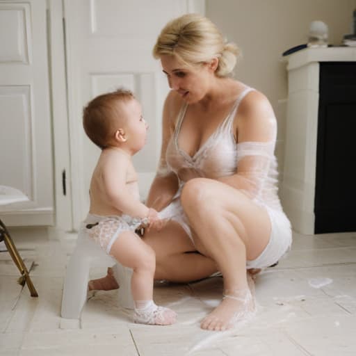 A middle age woman dressed in clear transparent plastic dress with big s is feeding a big age boy sitting in a chair in plastic pants and diaper while. Gobs of White cream is all over his mother who is and white cream is all over both of them. The room is dark and messy with Penthouse and magazine all over the floor. The boys is sticking way up over his diaper pants. Don’t forget to display white gobs of white cream all over both of them, the floor and the walls! They’re obviously having . The toilet lid is up.