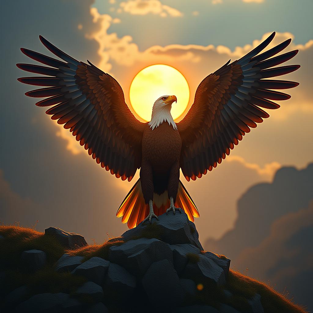  big eagle with open wings and the sun ahead of his head and inside of his wings