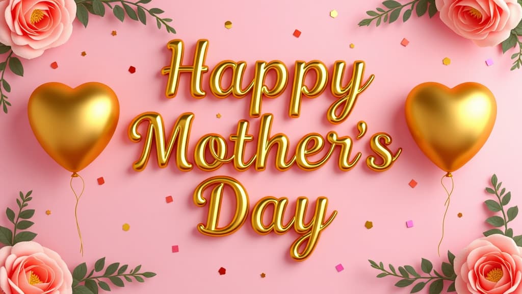  happy mother's day text with golden balloons, floral and confetti on a soft pink background