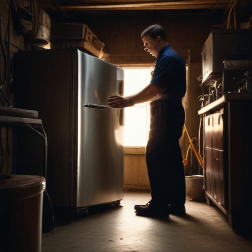 A photo of a seasoned refrigerator repair technician inspecting the motor inside a vintage fridge in a dimly lit, cluttered repair shop during the late afternoon. The warm glow of a single exposed bulb hanging overhead casts dramatic shadows over the technician's tools and the intricate inner workings of the appliance, creating a moody yet captivating atmosphere that highlights the technical expertise and dedication required in the field of appliance service.