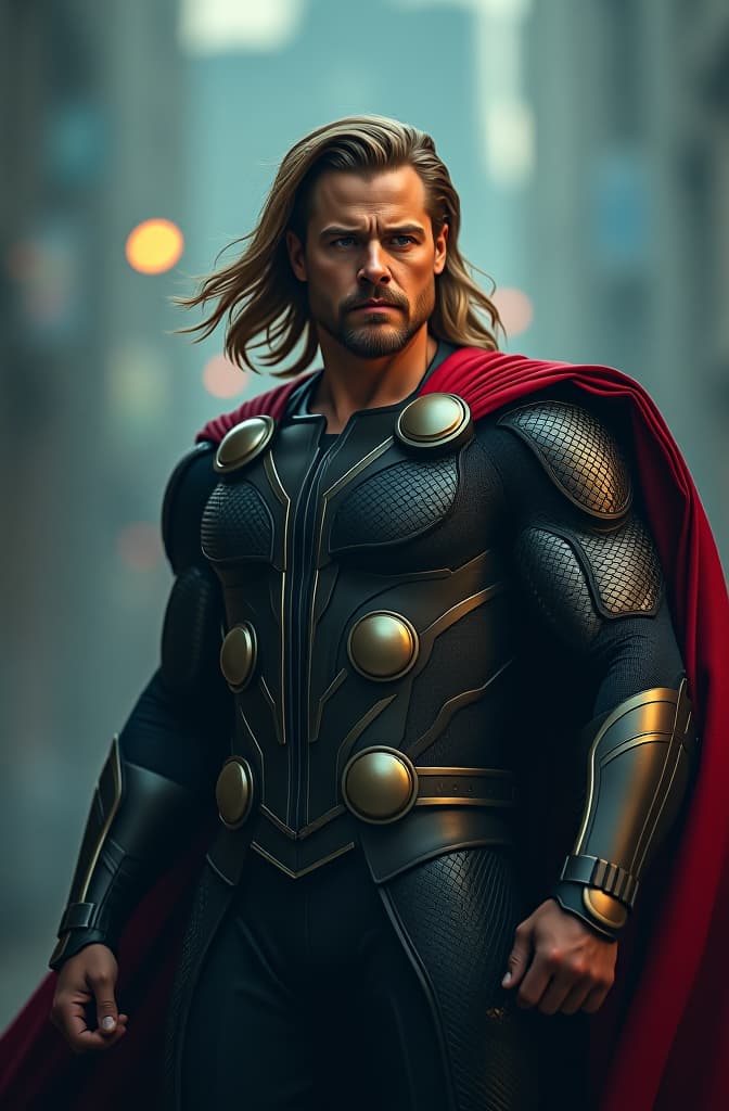  brad pitt as thor. hyperrealistic, full body, detailed clothing, highly detailed, cinematic lighting, stunningly beautiful, intricate, sharp focus, f/1. 8, 85mm, (centered image composition), (professionally color graded), ((bright soft diffused light)), volumetric fog, trending on instagram, trending on tumblr, HDR 4K, 8K