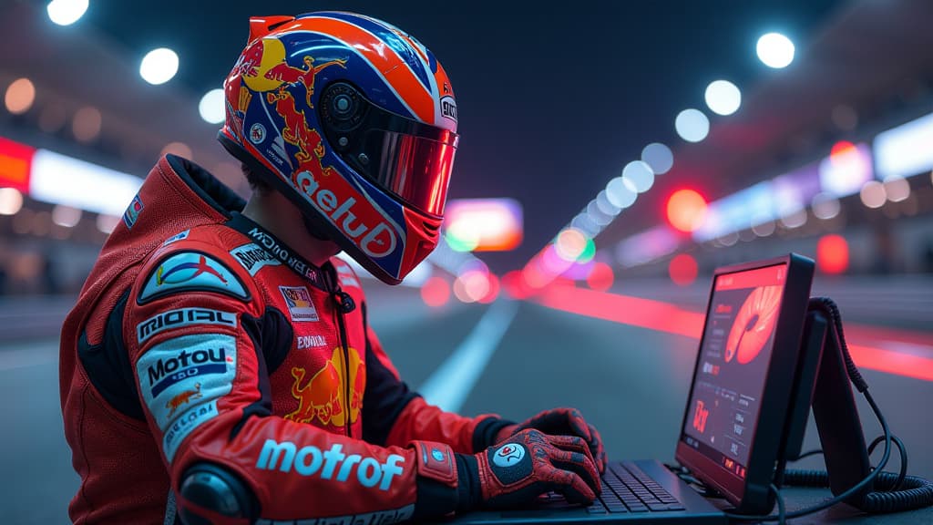  prompt: create an ultra realistic and detailed image showcasing the introduction of the innovative radio system in motogp. in the foreground, depict a dynamic motogp rider in full gear with a helmet featuring mini speakers for direct communication. surround the rider with a futuristic radio system setup, including advanced equipment and cutting edge technology. incorporate the motogp logo prominently, and emphasize a vibrant, light filled racetrack atmosphere to convey the excitement of this gro