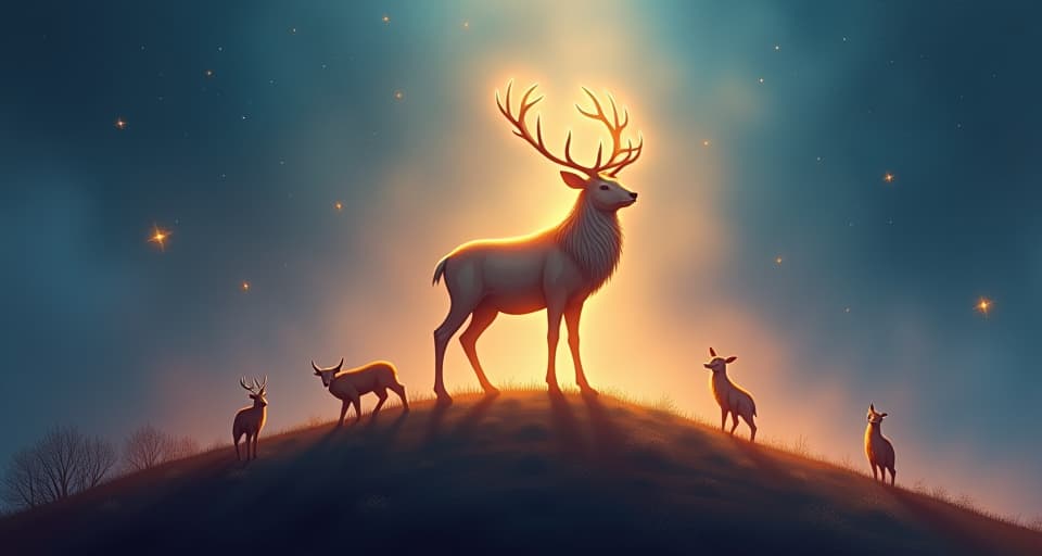  a majestic, ethereal stag standing on a glowing hilltop, illuminated by divine light. other creatures gathered around, reflecting awe and reverence, magical atmosphere.. the style is digital art illustration,highly detailed, whimsical,magical, dreamlike atmosphere, realism and fantasy blend, smooth, glossy textures,luminous quality, wonder and enchantment.