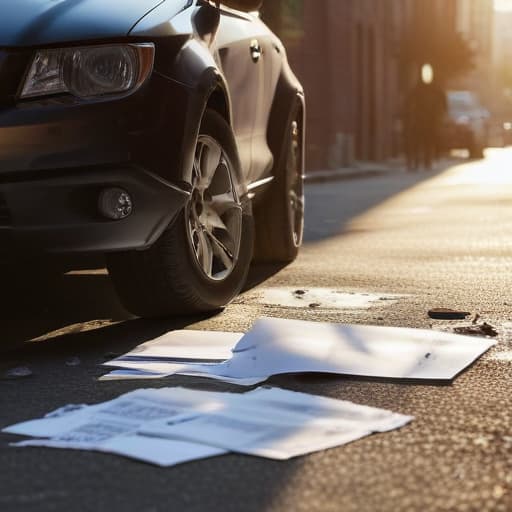 A photo of a car accident attorney examining evidence at the scene of a crash in an urban alleyway during the late afternoon with dramatic, shadowy lighting.