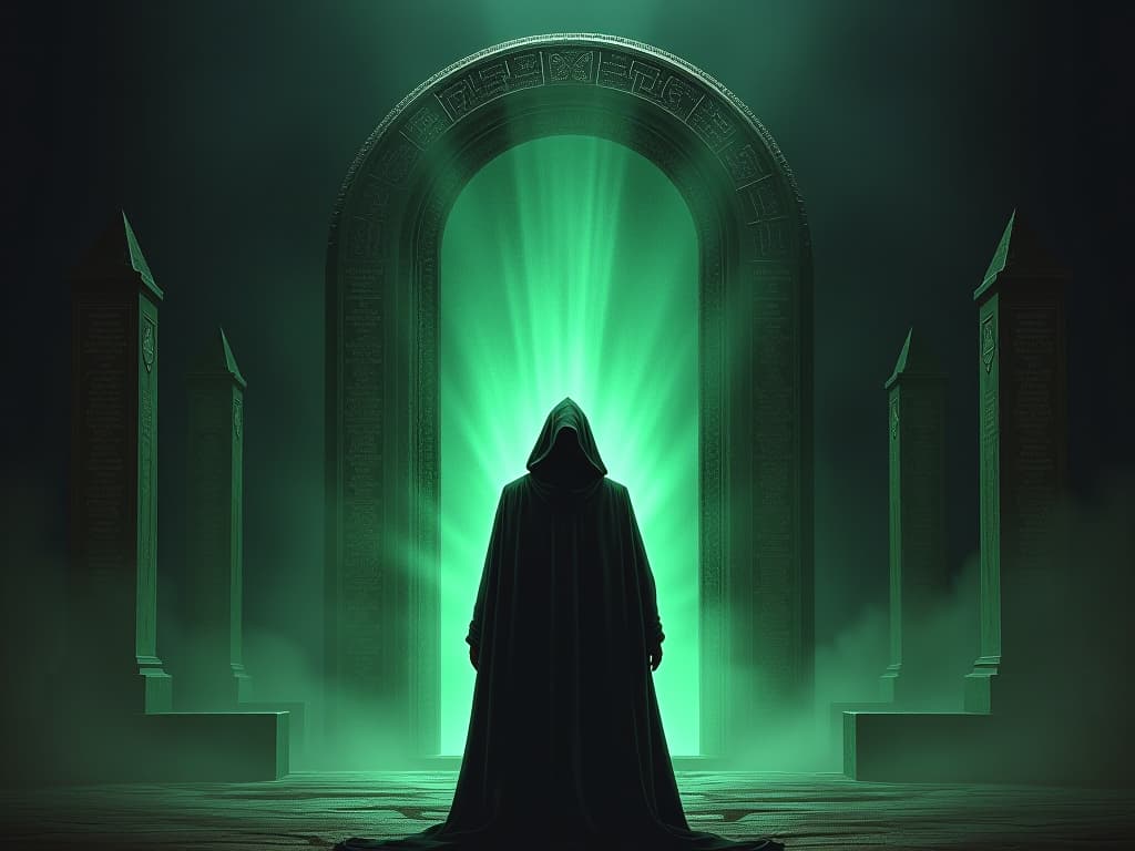  a hooded figure standing before an ancient, towering portal, dimly lit by eerie green light, surrounded by inscriptions of curses, atmosphere of dark destiny.. the style is dark fantasy and mysterious occult, symbolic, moody lighting, esoteric vibe,high detail on character design. for the color scheme emphasize blacks and reds.