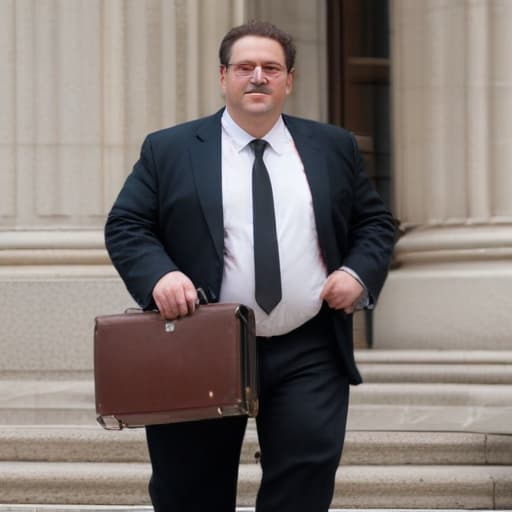 A panoramic 8K photo of a white fat bureaucrat who is trying to go up the wide stairs of the New York County Courthouse in a tutu and with a leather briefcase under his arm in a hurry, he weighs approximately 330 pounds, the top of his hair is gone and the sides are white, he is tall, his and upper body are fat and wide, his are very , he has a round smooth face and non-beard