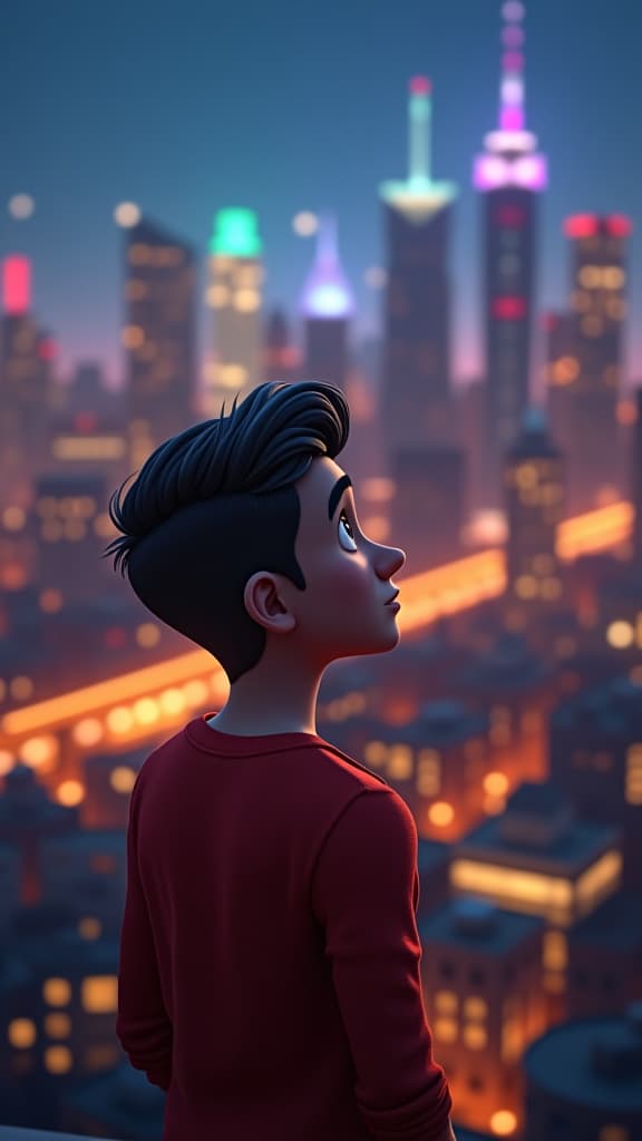  pixar style 3d animation, hopeful young man gazing thoughtfully, illuminated city skyline background, dynamic lighting, vibrant colors, detailed textures